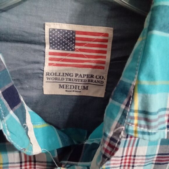 Rolling Paper Co. Short Sleeve Button Down Shirt Size M Blue Plaid Patches - Picture 6 of 8